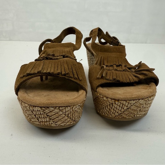 Minnetonka Central Leather Suede Moccasin Wedge Fringe Sandals Size 7‎ Brown - Picture 4 of 8